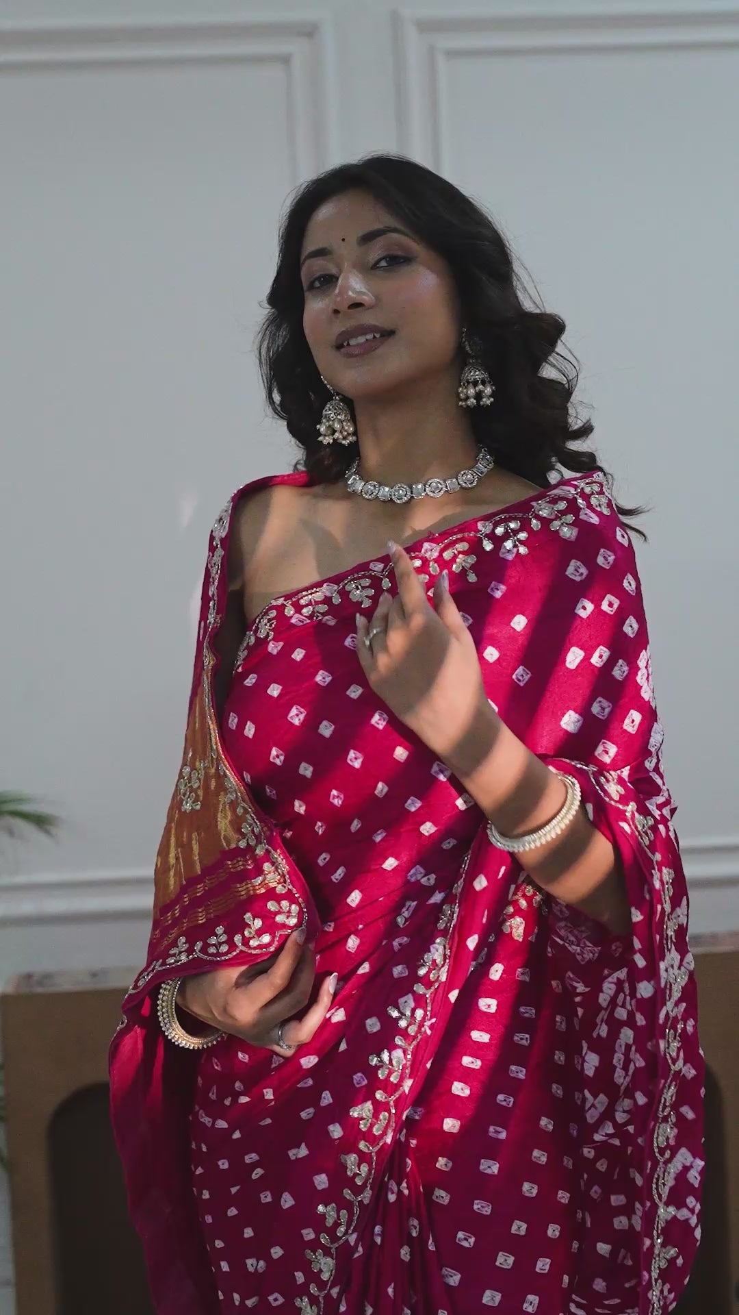 Raspberry Gajji Silk Bandhani Saree with Embroidered Border