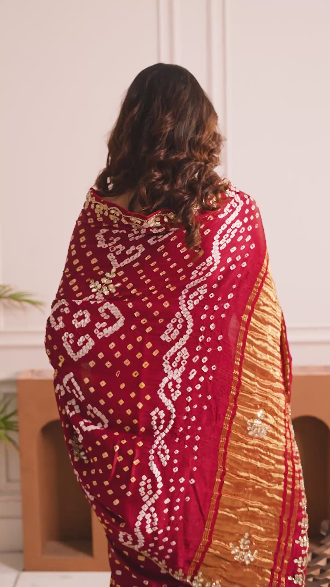 Ruby Red Bandhani Silk Saree with Hand Embellished Border