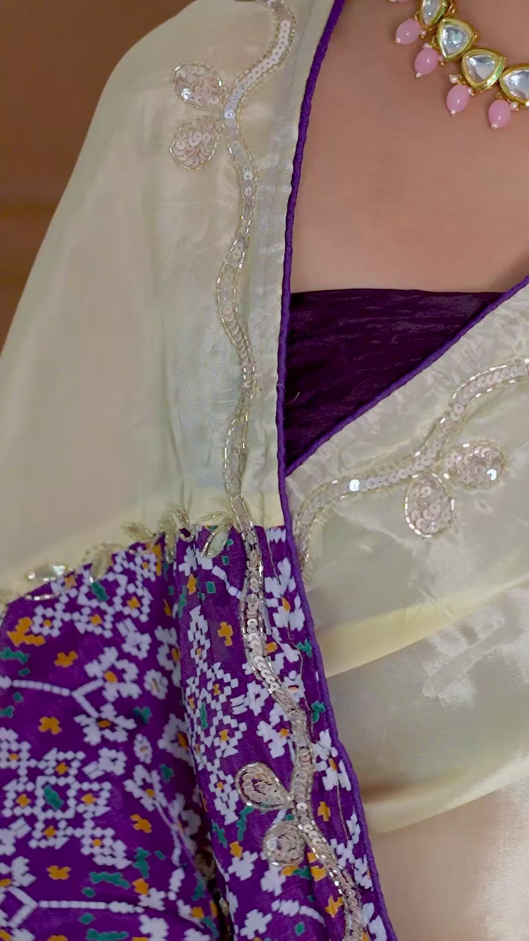 Purple Tuscan Beige Bandhani Patola Silk Saree with Zardozi Work