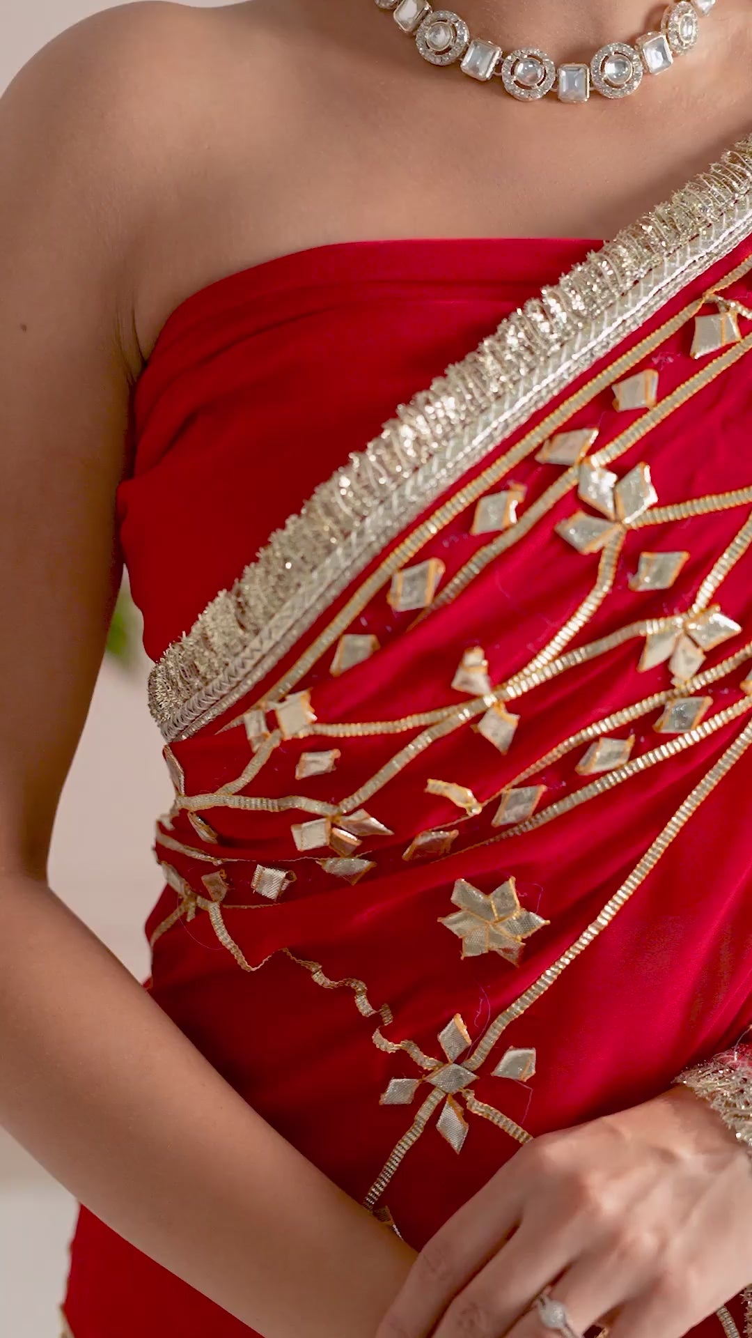 Ruby Red Fancy Hand Die Chiffon Saree with Hand Gota Patti